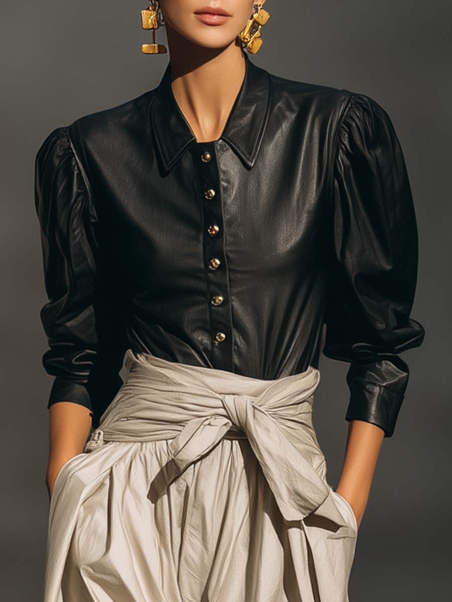 Fashionable And Handsome Front Metal Button Leg Of Lamb Sleeve Black Eco-friendly Leather Shirt