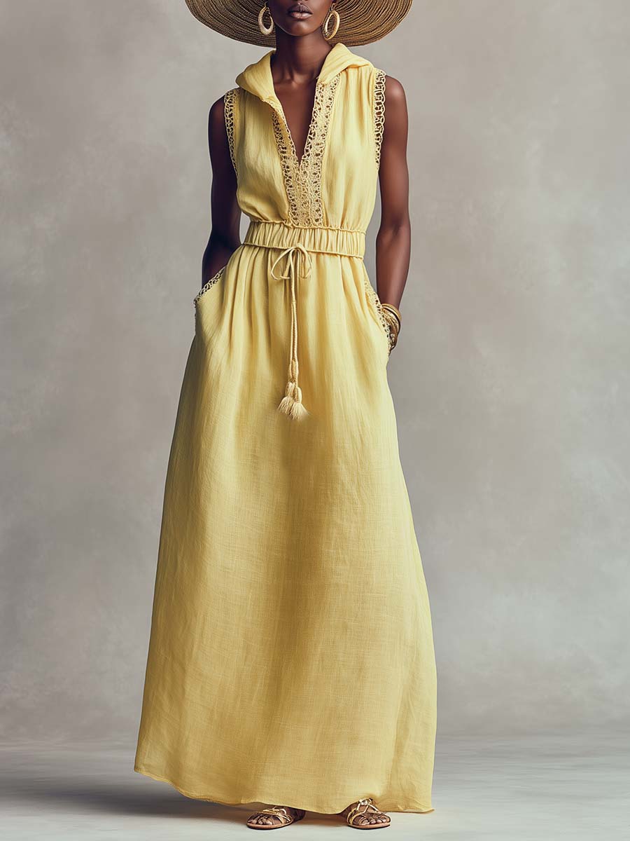 Vintage Fashion Vacation V-neck Hooded Lace Trim Yellow Cotton-linen Maxi Dress