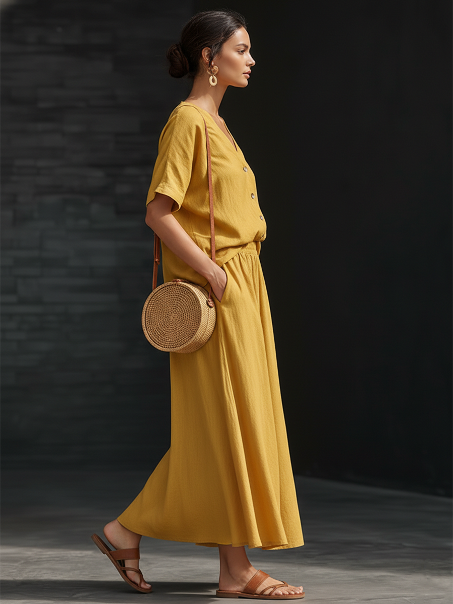 Retro Yellow Cotton Linen V-neck Button Down Short Sleeved Top And Skirt Set