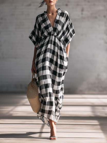 Casual Black And White Chiffon Plaid V-neck Short Sleeved Midi Dress
