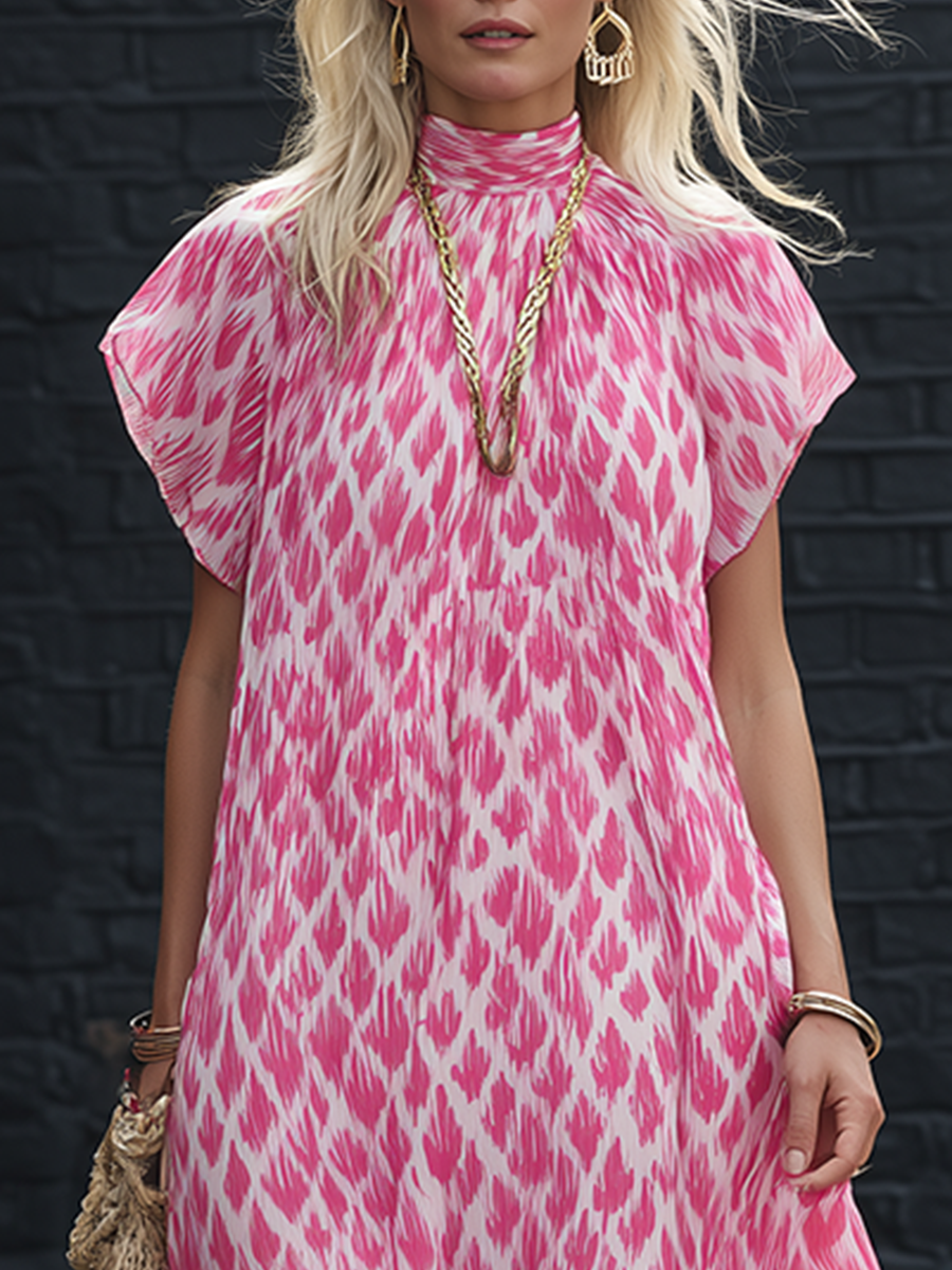 Resort Style Pink Plaid Chiffon Print Turtleneck Short Sleeved Maxi Dress