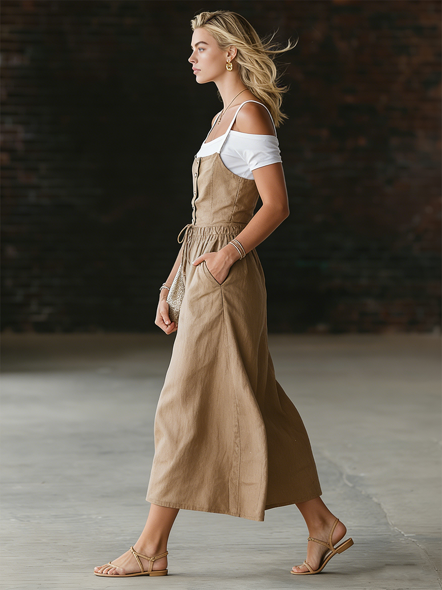 Casual Beige Cotton Linen Elastic Drawstring Midi Dress