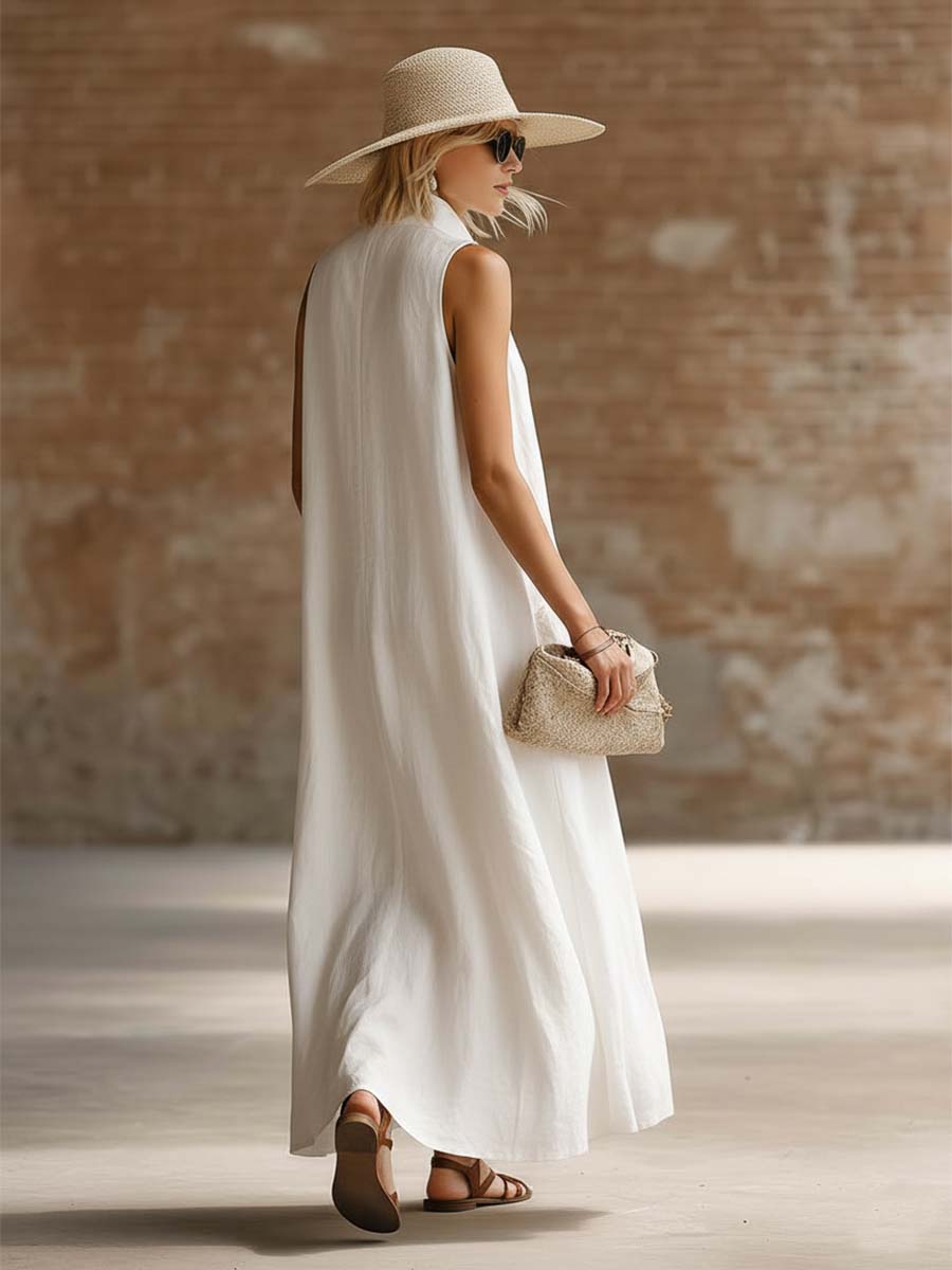 Retro Casual Urban Front-opening Button White Cotton Linen Maxi Dress