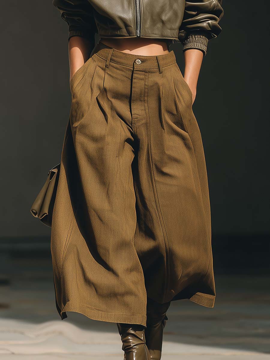 Retro Casual And Comfortable Brown Cotton And Linen Wide-leg Cropped Trousers