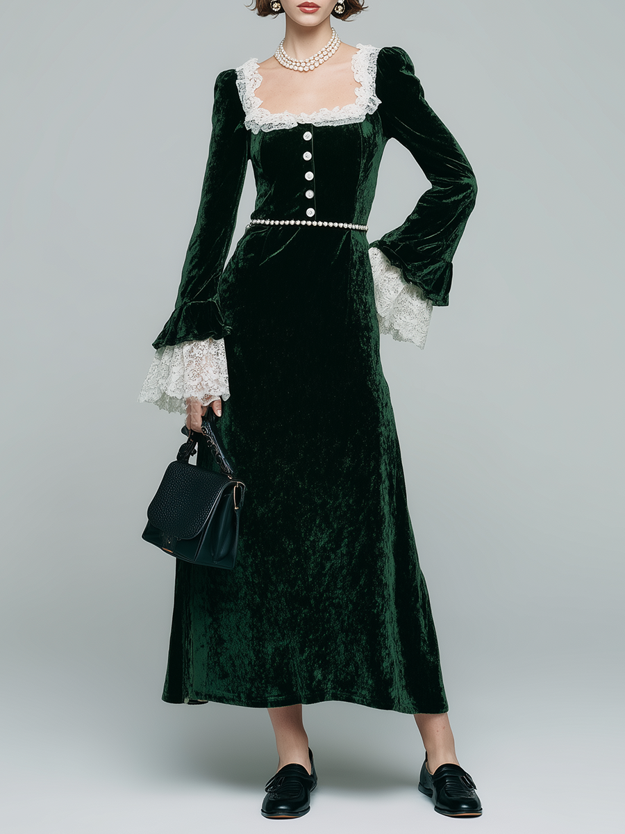 Vintage-style Loose-fitting Flared Sleeves Square Neckline Lace Paneling Pearl Waist Chain Velvet Green Maxi Dress