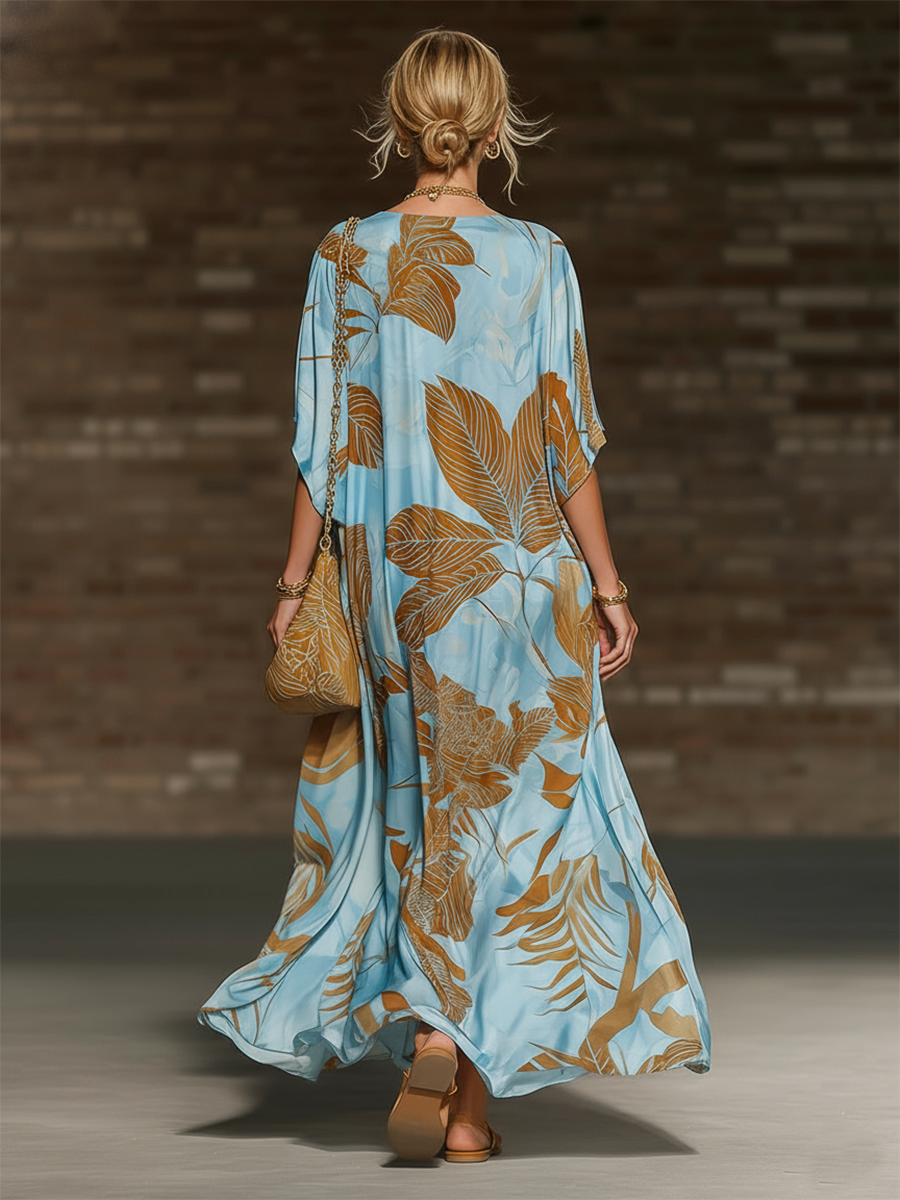 Retro-chic Loose-fitting V-neck Short-sleeved Palm Leaf Print Blue Satin Maxi Dress