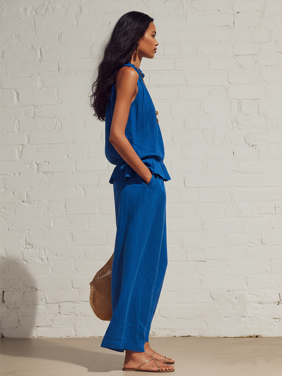 Urban Blue Cotton Linen Sleeveless Ruffled Top And Wide Leg Pants Set