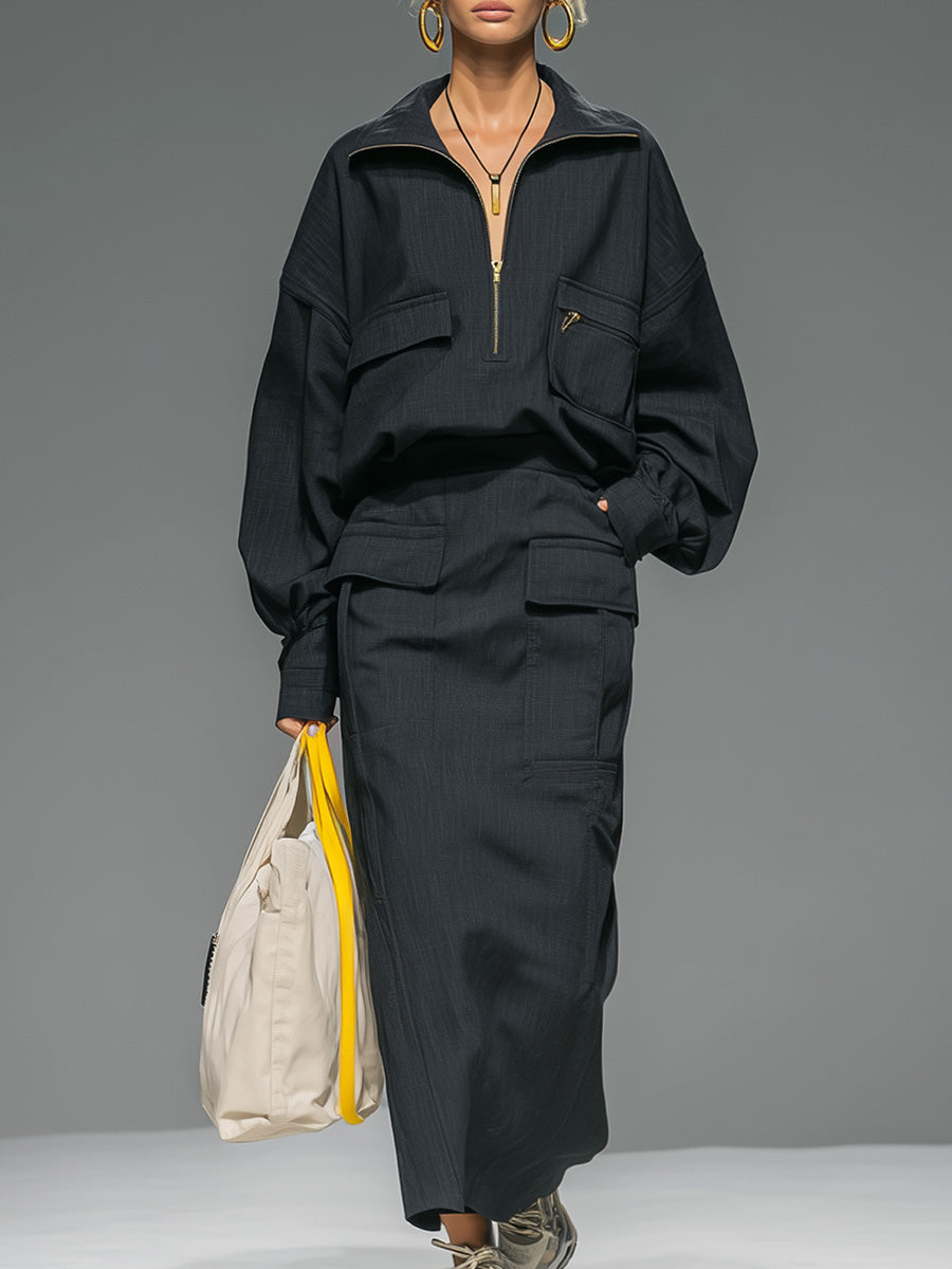 Retro Fashion Sports Black Lapel Front Zipper Work Pocket Top And Long Skirt Set