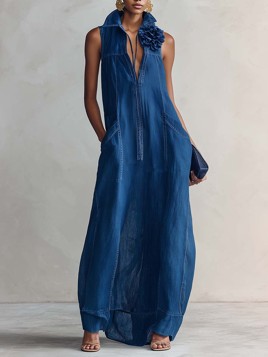 Elegant Retro Lapel Front Lace Up 3D Floral Embellishments Dark Blue Denim Maxi Dress