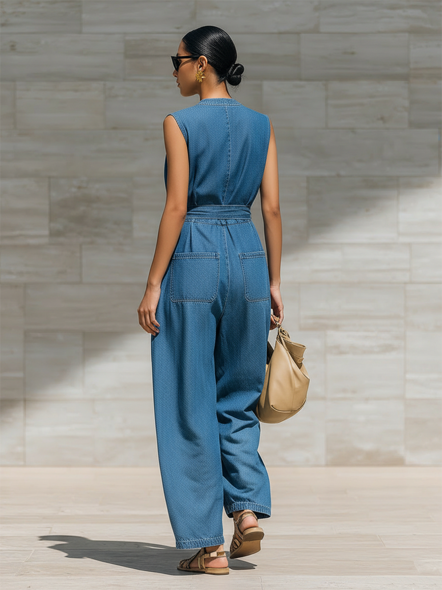 Retro-style Loose-fitting Sleeveless Irregular Front Button Closure Waist Tie Pockets Denim Blue Jumpsuit
