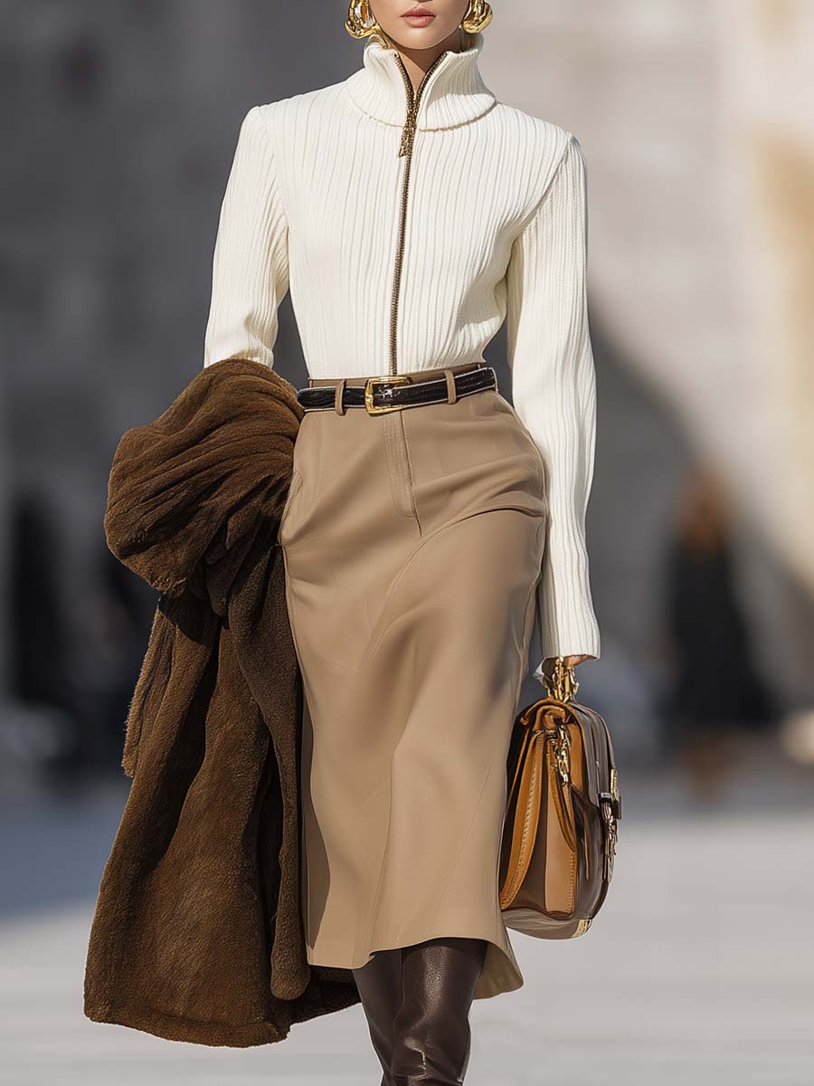 Exquisite And Fashionable All-match White Knitted Lapel Front Zip Top And Camel Skirt Set