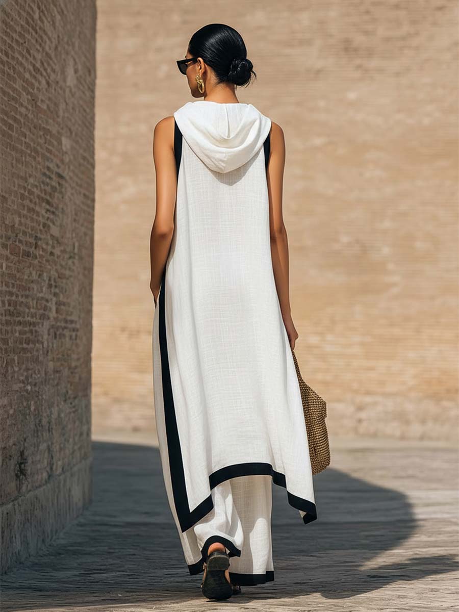 Temperament Casual Hooded White Black Trim White Cotton And Linen Asymmetrical Long Top And Pants Set