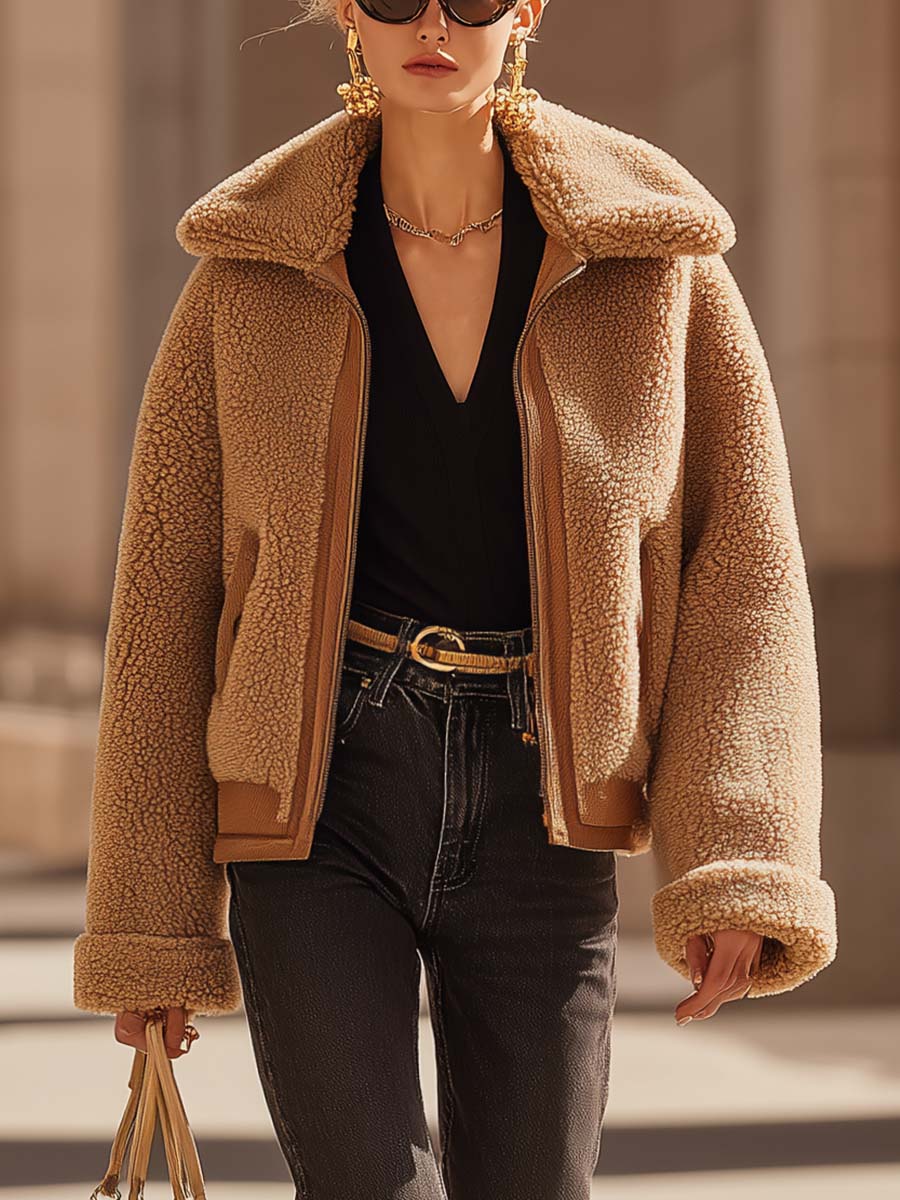 Fashionable And Versatile Warm Lapel Front Zipper Brown Polar Fleece Short Coat