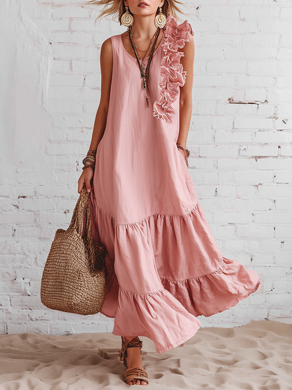 Casual Pink Cotton Linen Blend Sleeveless With Ruffled Round Neckline Maxi Dress