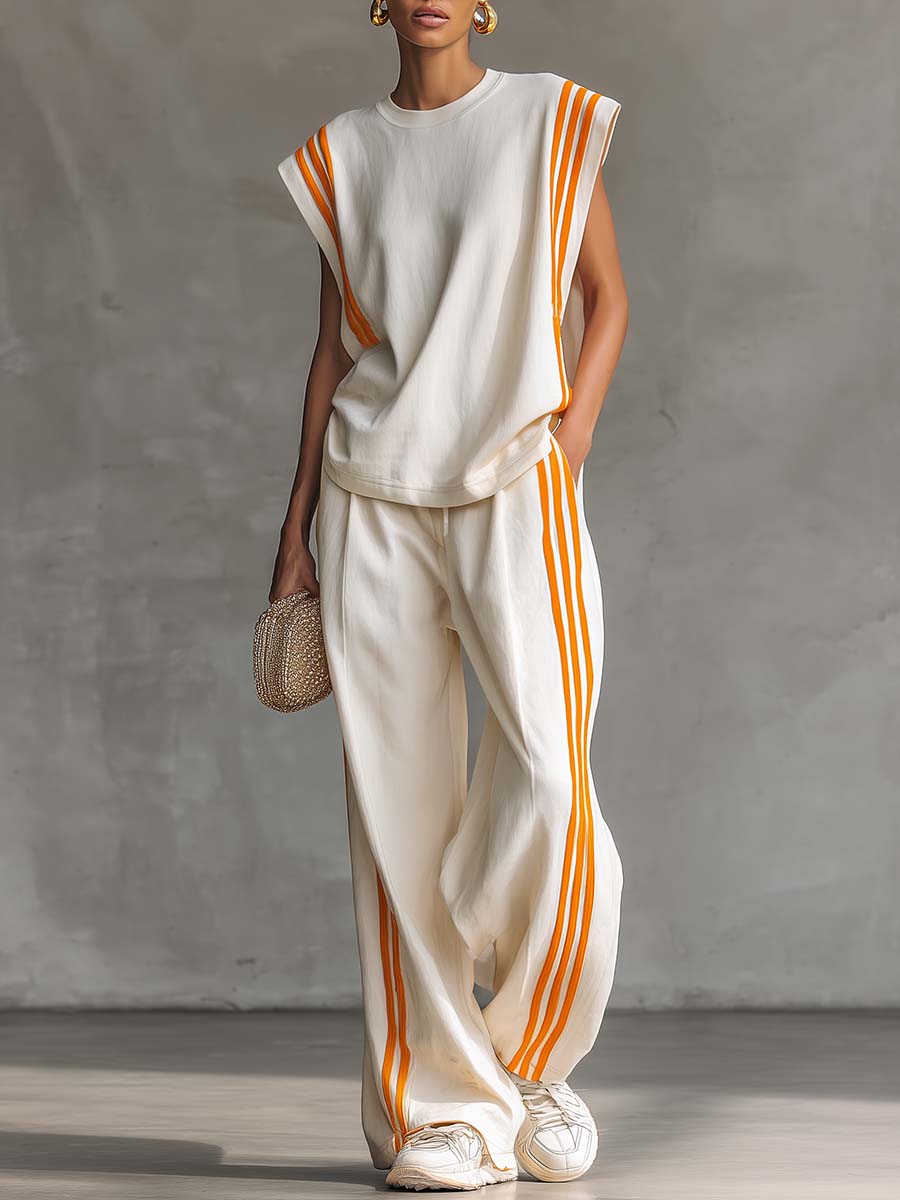 Casual And Stylish Sporty Round Neck Sleeveless Off-white Cotton Top And Wide-leg Pants Set