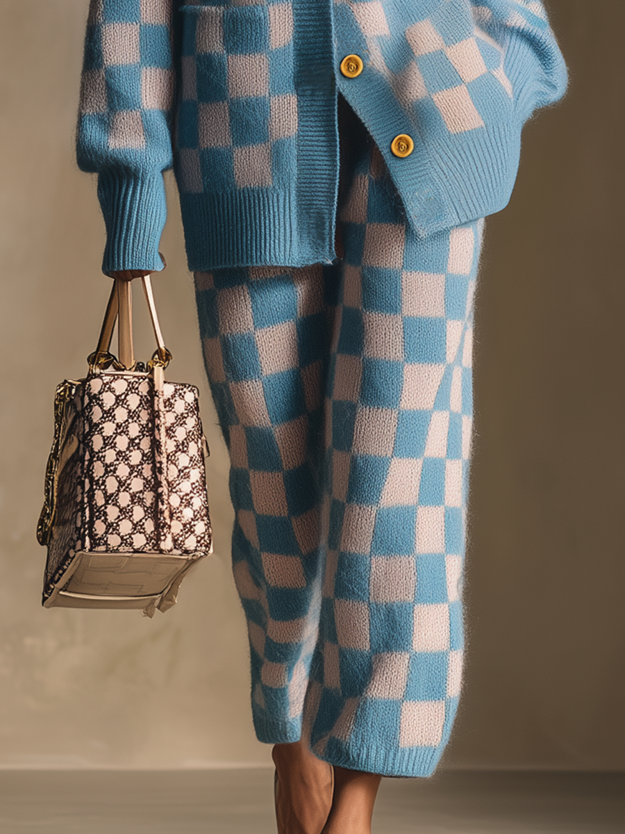 Classic Retro Elegant Blue Knit Checkered Elastic Pants