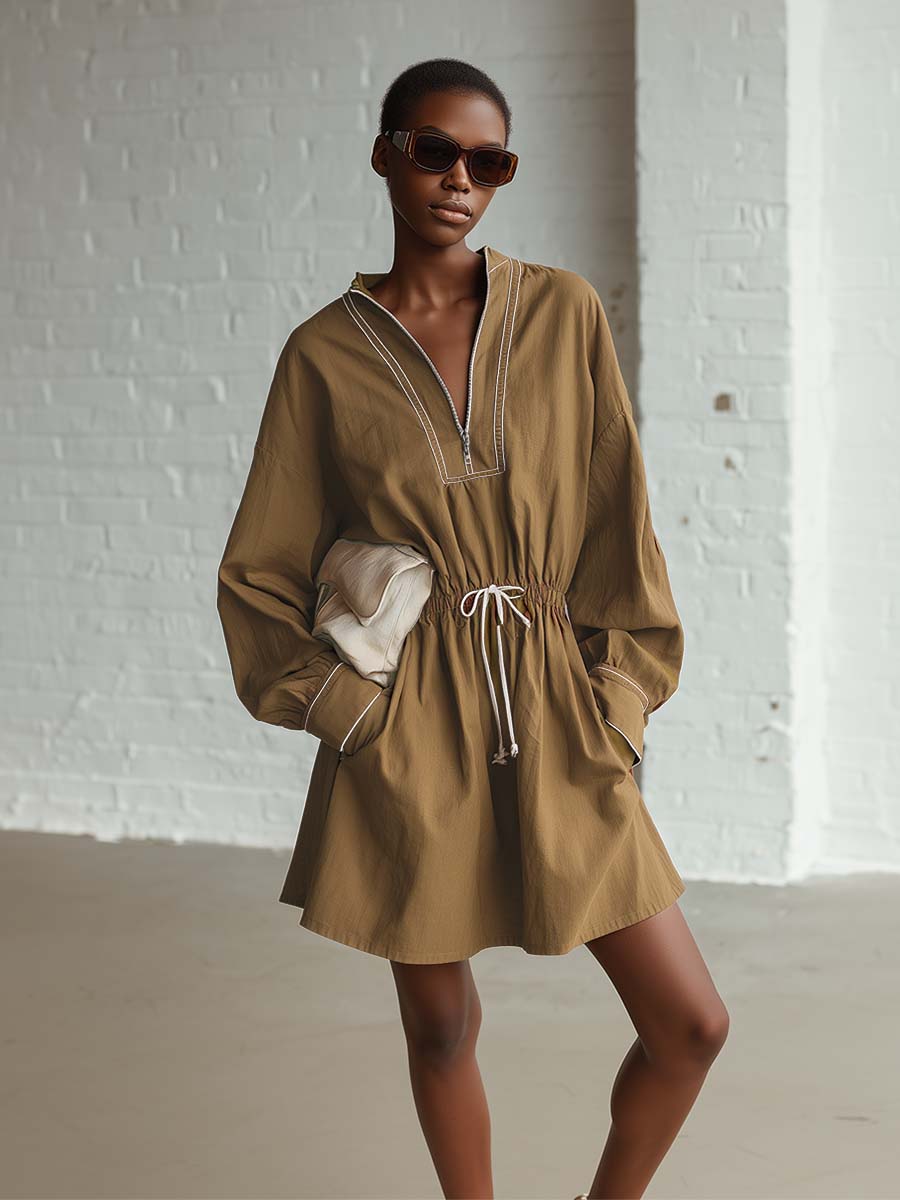 Casual Retro Loose V-neck Front Zip Drawstring Waist Ginger Yellow Cotton Mini Dress