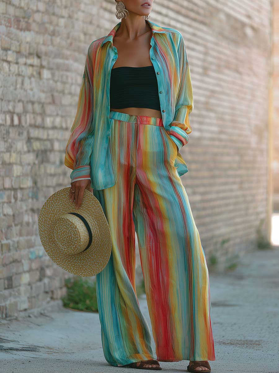 Retro Casual Loose Rainbow Striped Print Chiffon Shirt And Pants Set