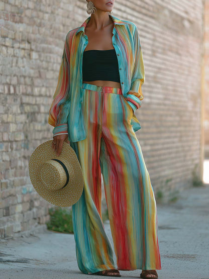 Retro Casual Loose Rainbow Striped Print Chiffon Shirt And Pants Set