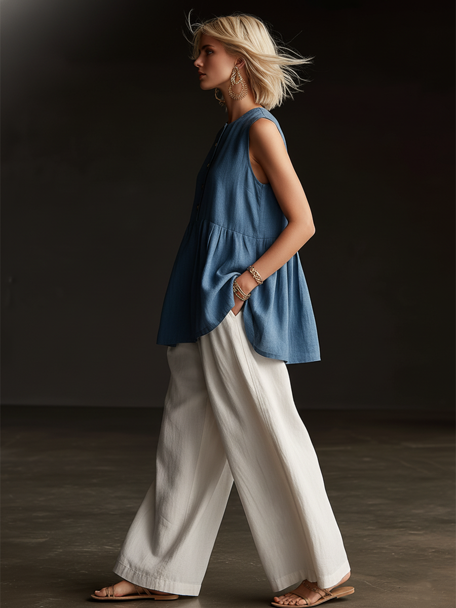 Casual Blue Cotton Linen Sleeveless Top And White Wide Leg Pants Set