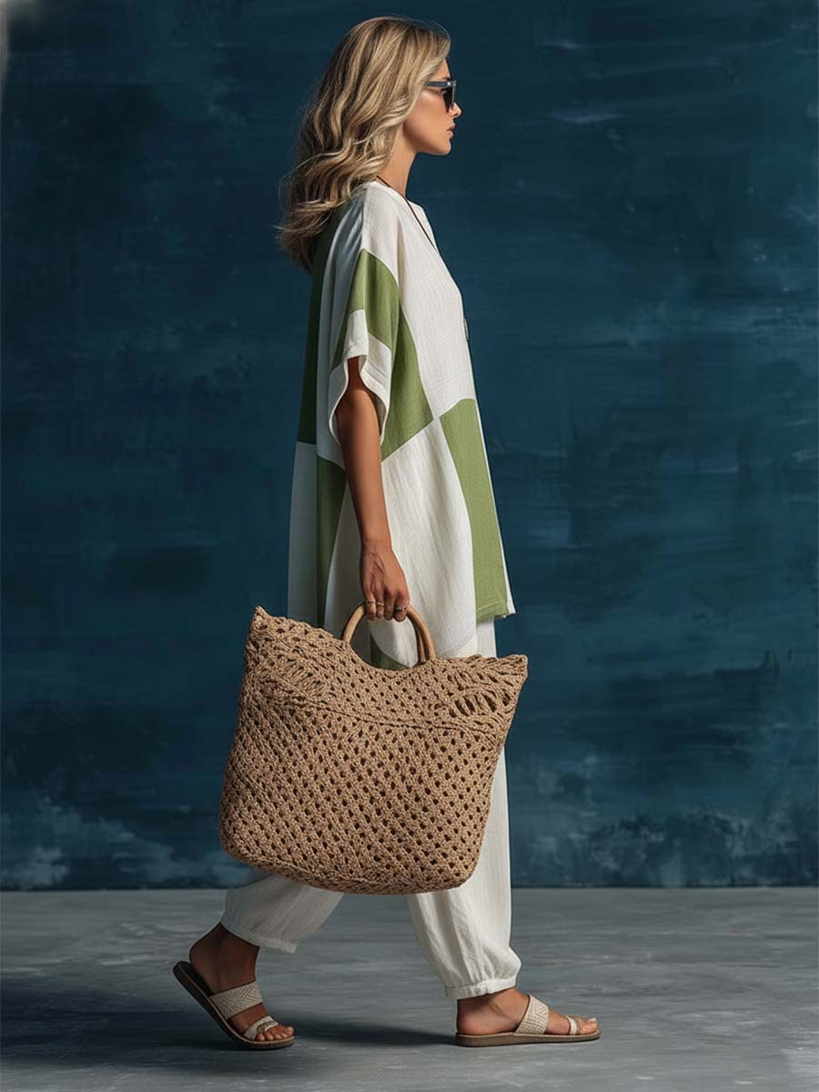 Casual Urban Bohemian Green And White Color-blocked Cotton And Linen Top And Pants Set