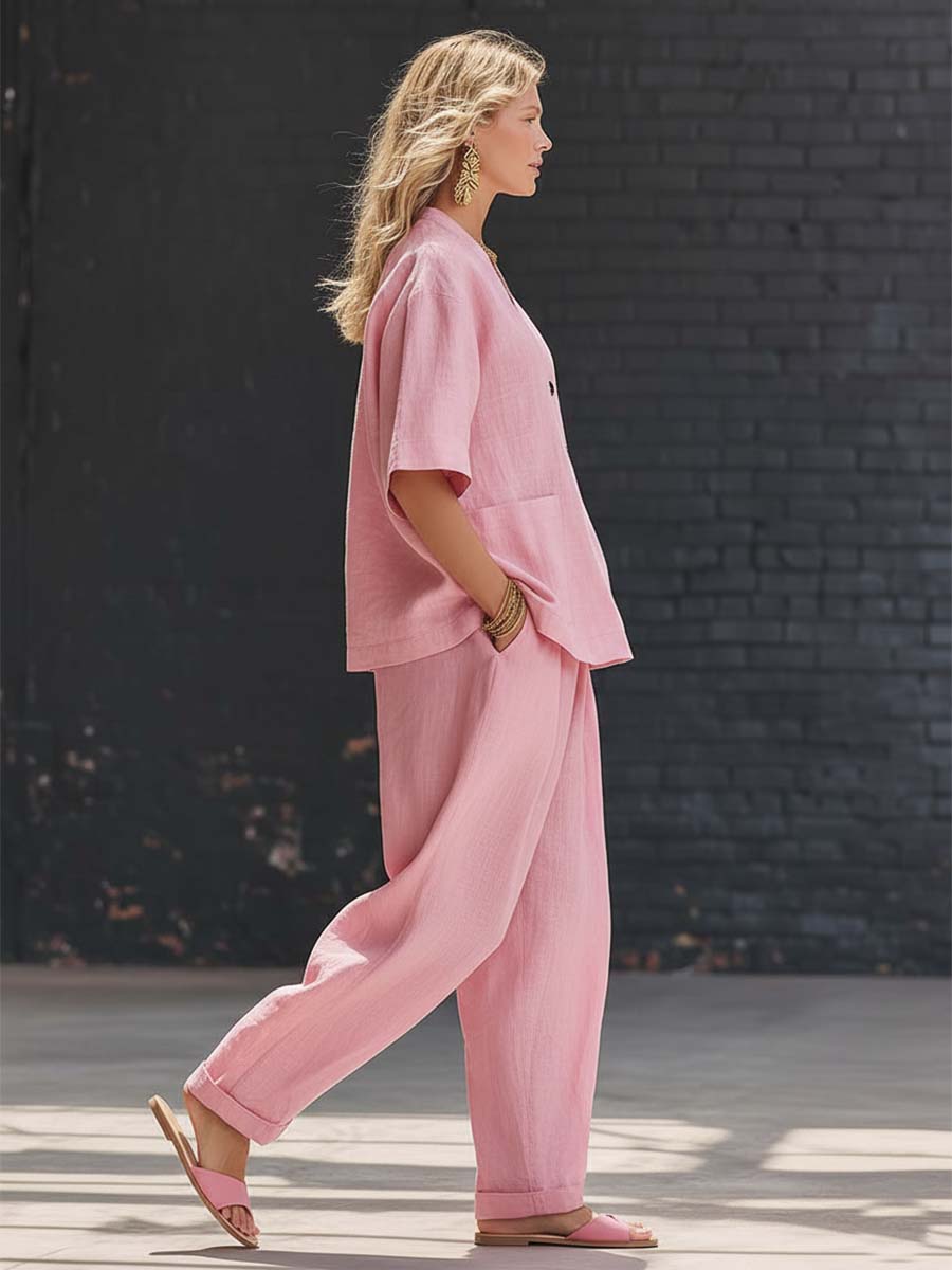 Casual Urban Pink Cotton Linen V-neck Asymmetrical Top And Pants Set