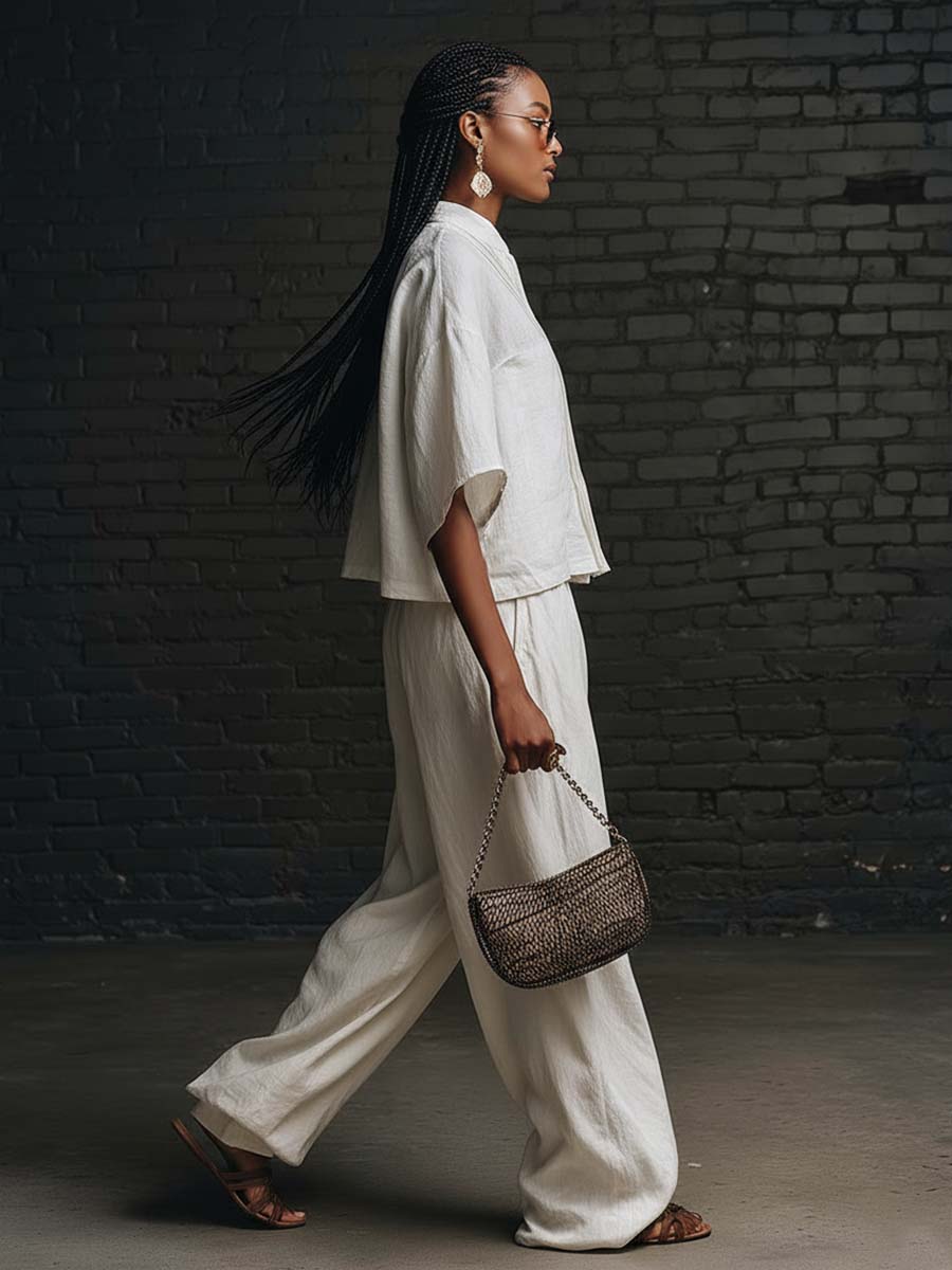 Personalized Casual Urban White Cotton Pleated Short-sleeved Shirt And Pants Set