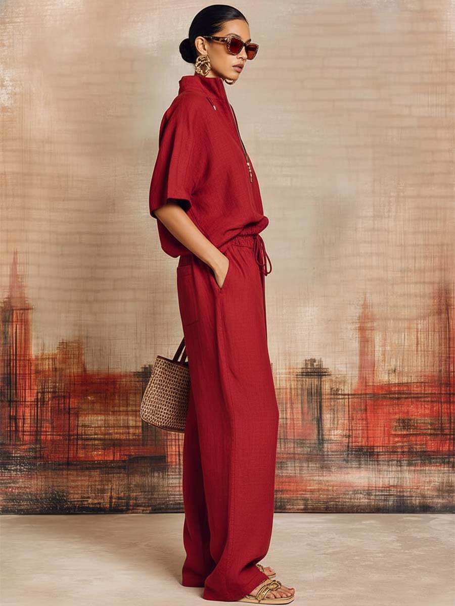 Fashion Exquisite Leisure City Red Cotton Lapel Front Zipper Short-sleeved Top And Pants Set