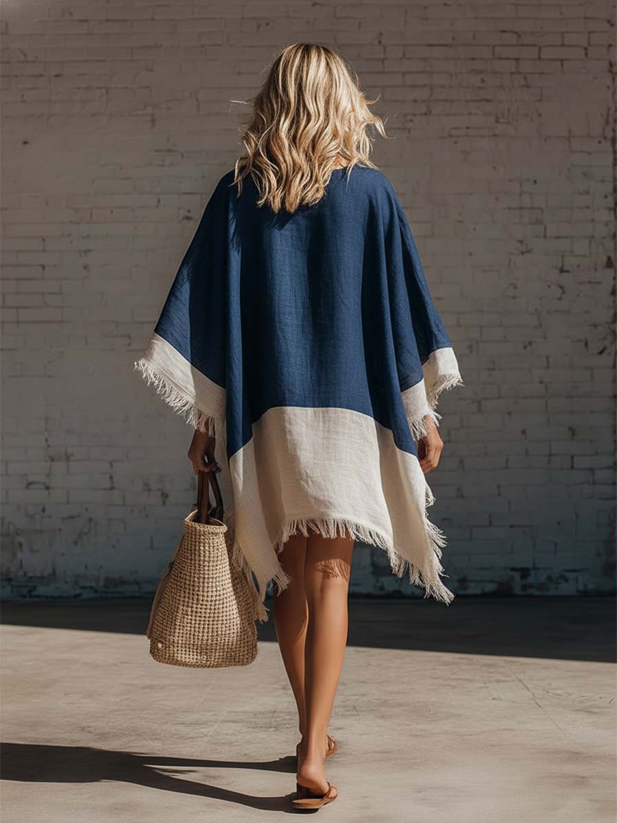Loose-fitting Bohemian V-neck Frayed Dark Blue And White Color-blocked Cotton And Linen Mini Dress