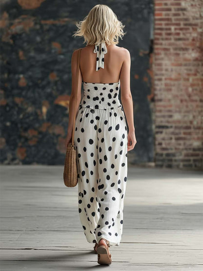Retro-chic Polka Dot Print White Chiffon V-neck Top And Trousers Set