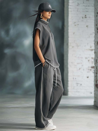 Casual Athletic Workwear Style Stand-up Collar One-shoulder Gray Cotton Top And Pants Set