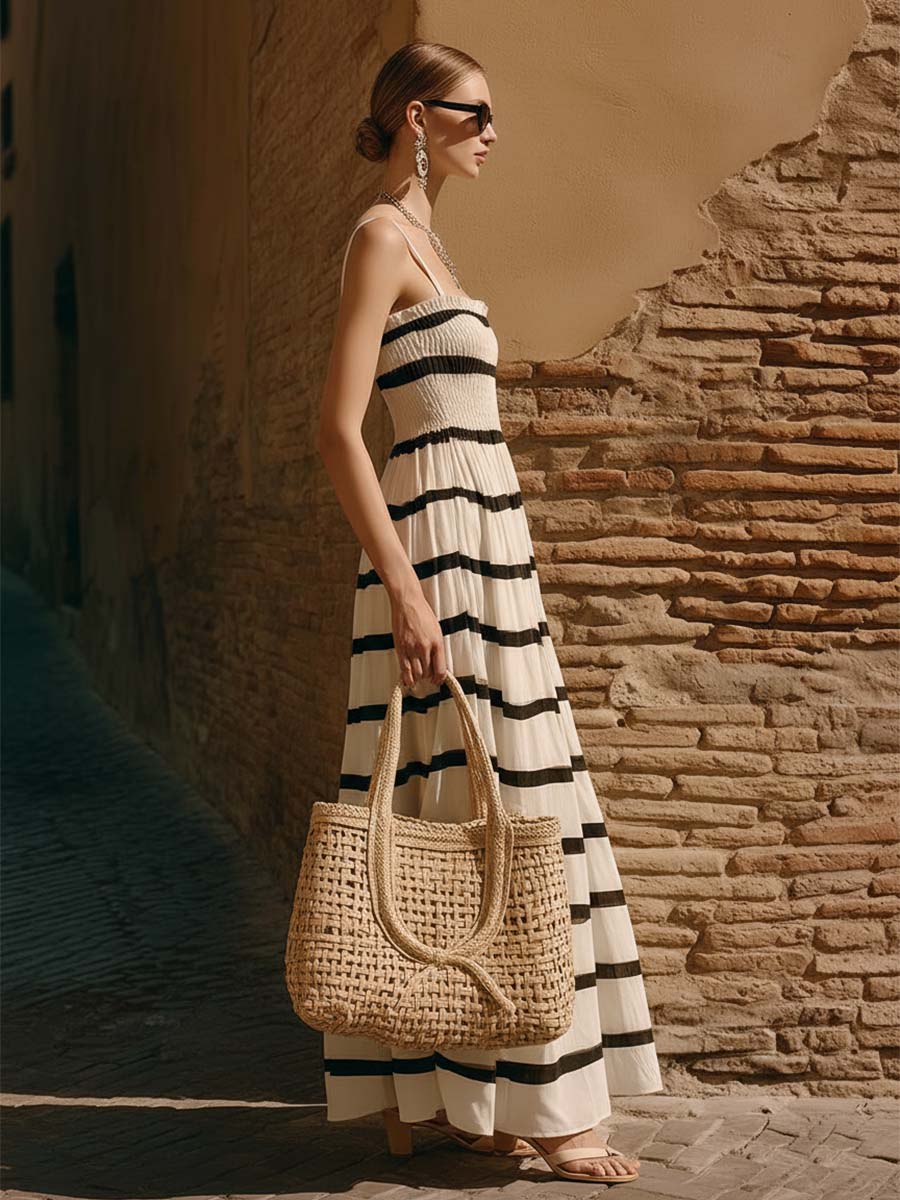 Elegant Retro Black Striped Off-white Chiffon Slip Dress