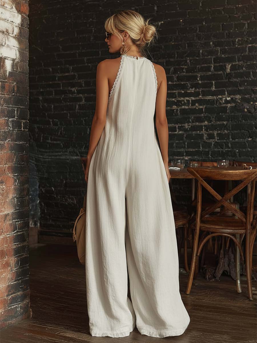 Retro Urban Bohemian V-neck Lace Trim Sleeveless Off-white Cotton Jumpsuit