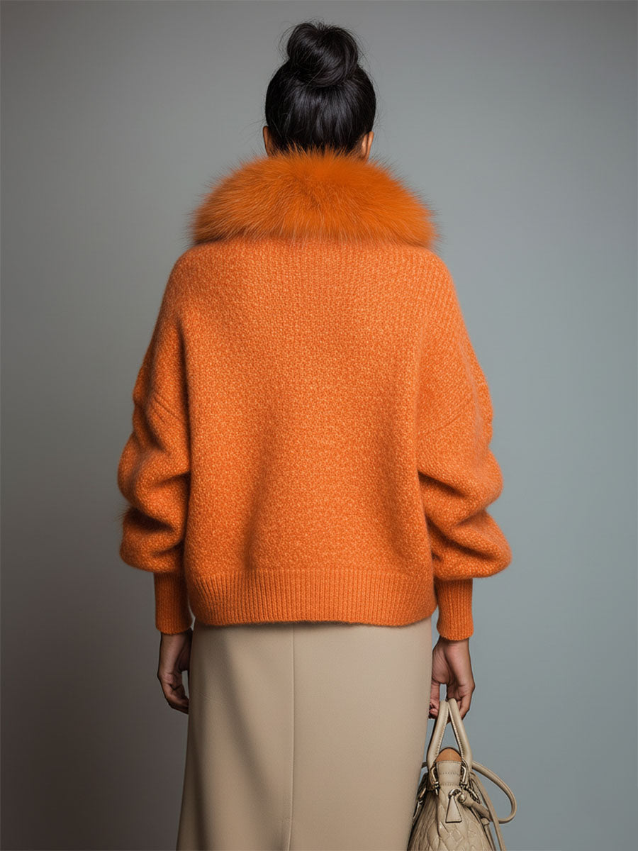 Casual Loose Faux Fur Collar Orange Zipper Front Cardigan