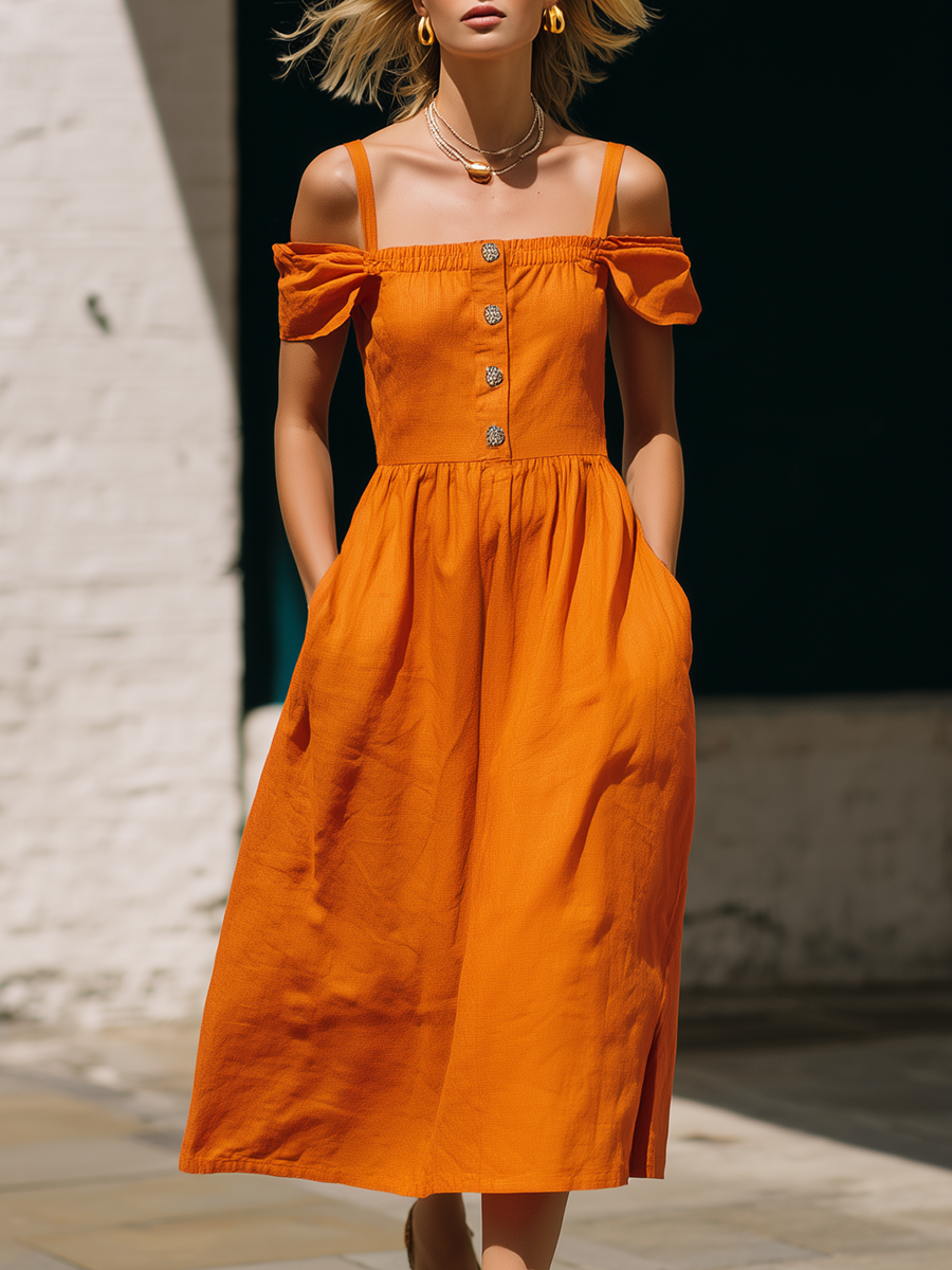 Casual Orange Cotton Linen Square Neck Spaghetti Strap Midi Dress