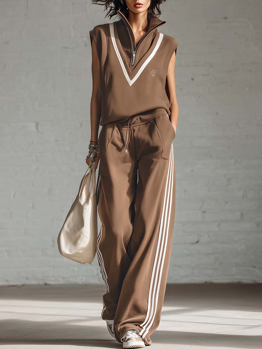 Quiet Luxury Active Lapel Front Zipper White Trim Light Brown Cotton Top And Pants Set