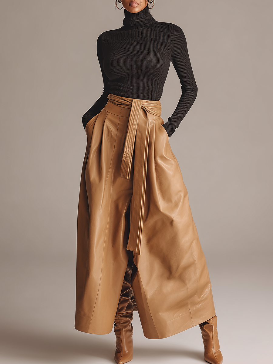 Casual Ribbed T-Shirt And Leather Skirt Set