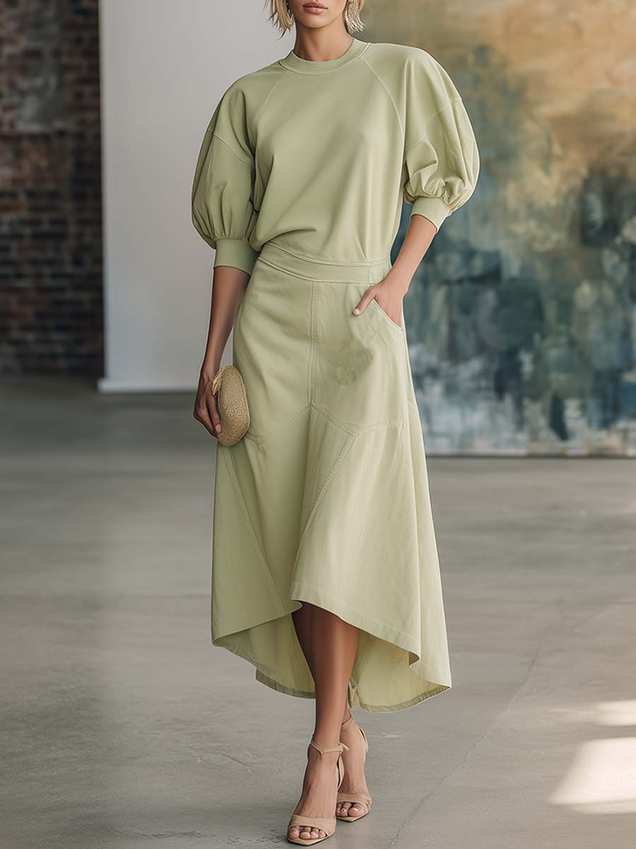 Exquisite Casual Sports Round Neck Short-sleeved Sage Green Cotton Midi Dress