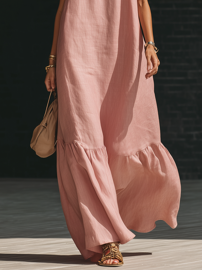 Stylish Simple Loose-fitting Sleeveless One-shoulder Tie-up Ruffled Hem Pink Cotton-linen Maxi Dress
