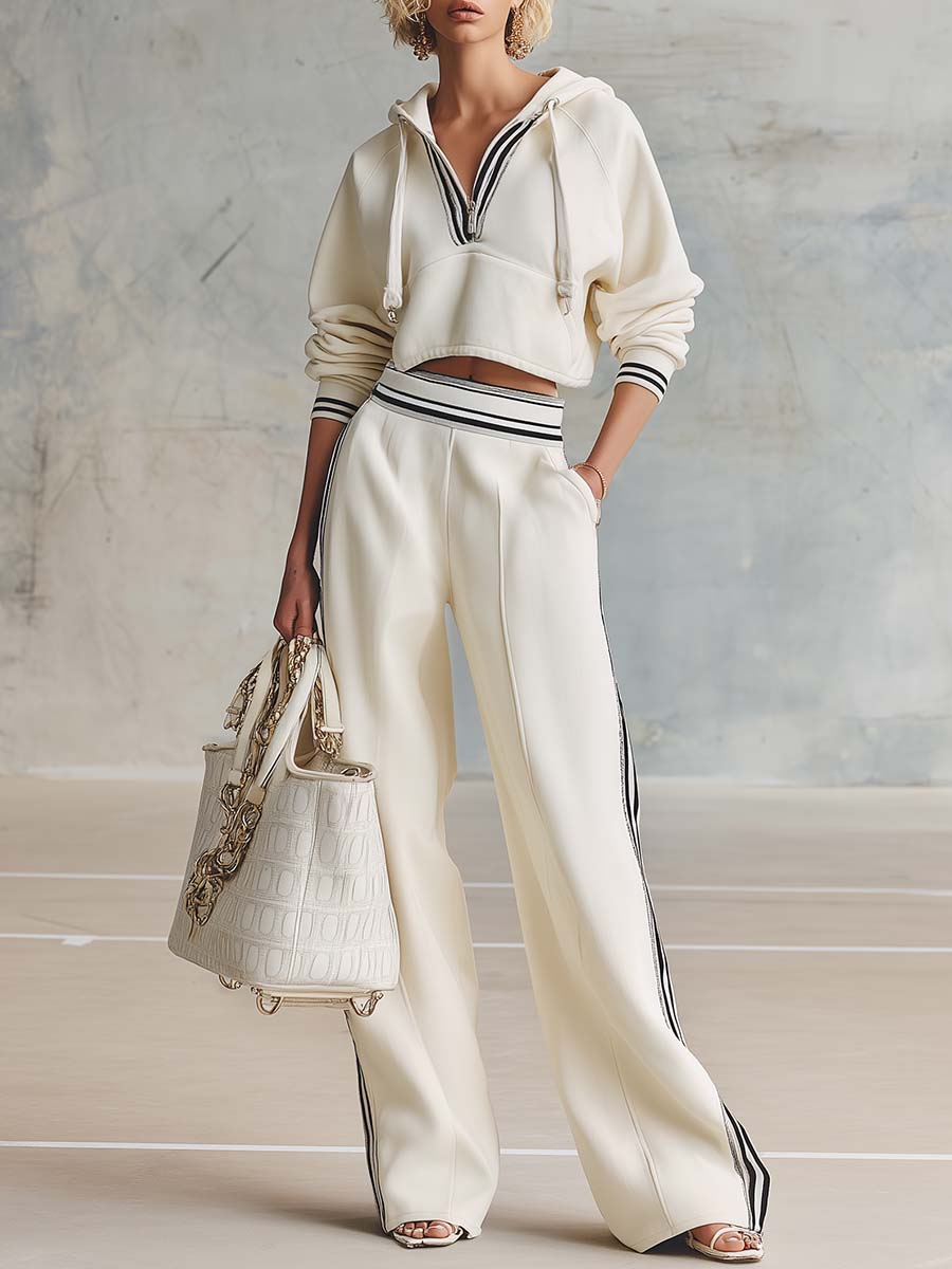 Retro Fashion Sporty Cream Cotton Hooded Front Zipper Top And Pants Set
