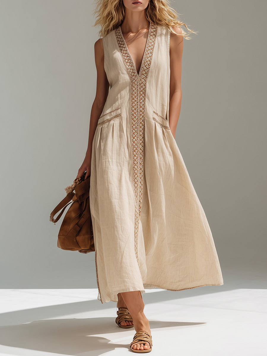 Stylish Simple Loose-fitting Sleeveless V-neck Woven Trim Linen Beige Maxi Dress
