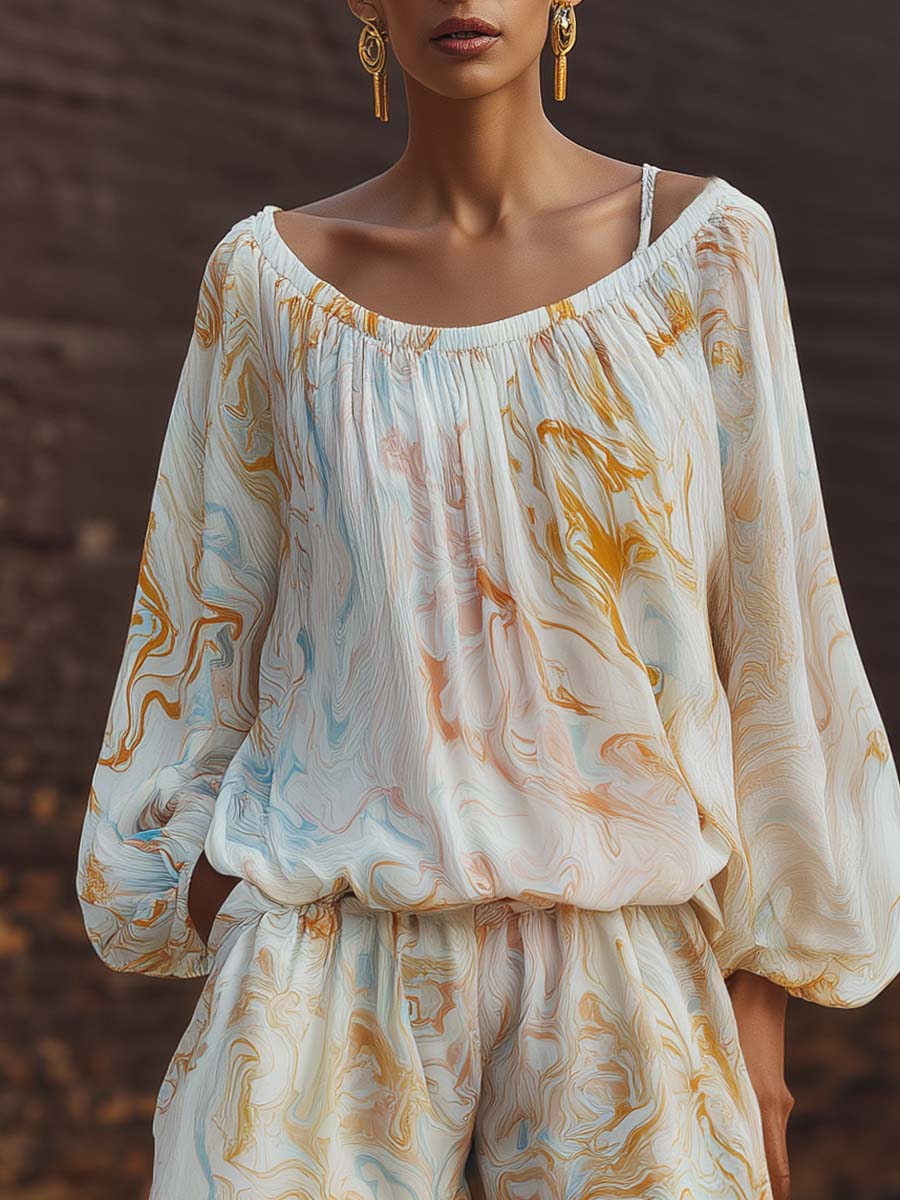 Elegant Urban Print White Chiffon Set