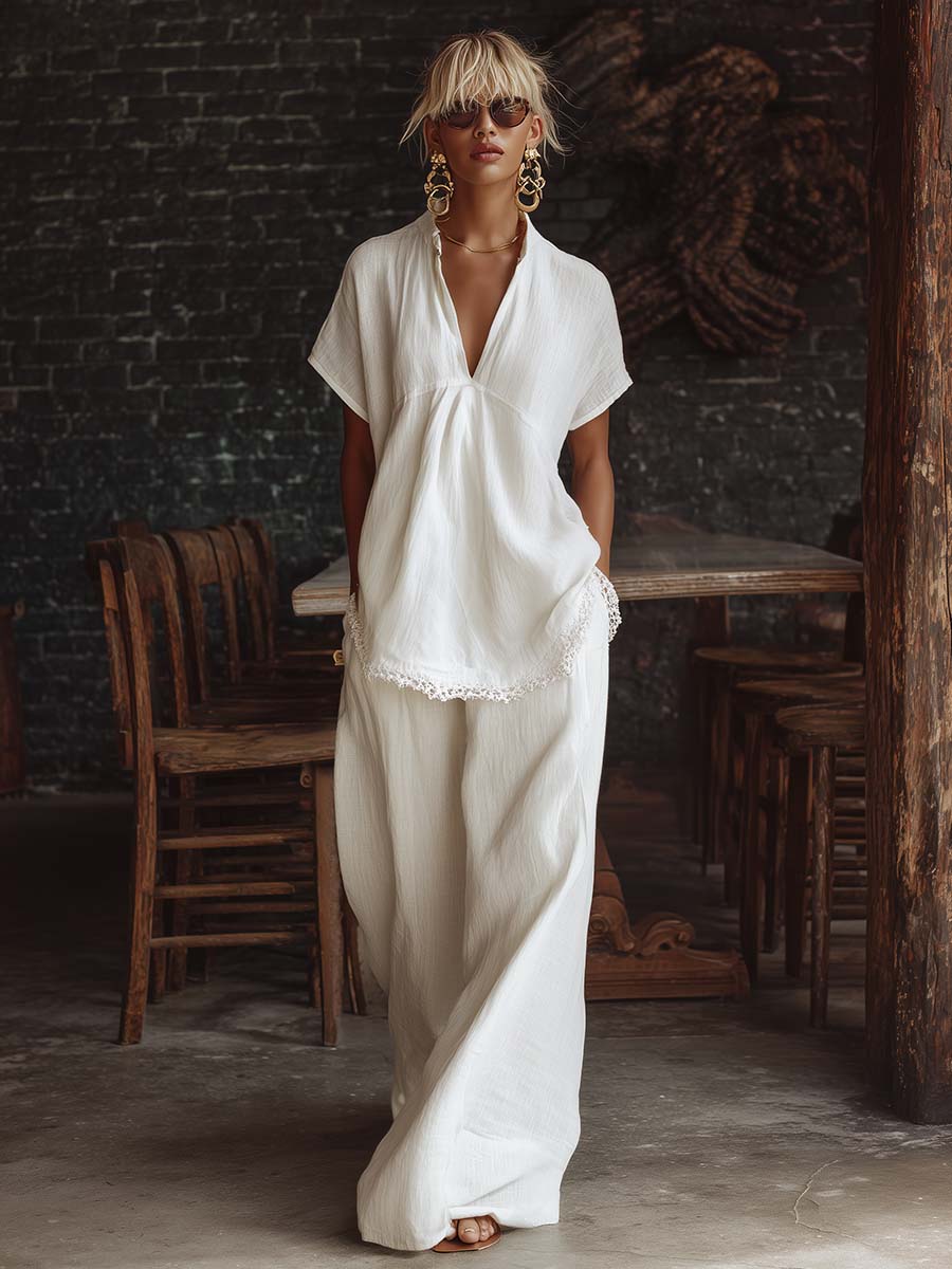 Elegant Casual Urban Style V-neck Lace Hem White Cotton Short-sleeved Top And Pants Set