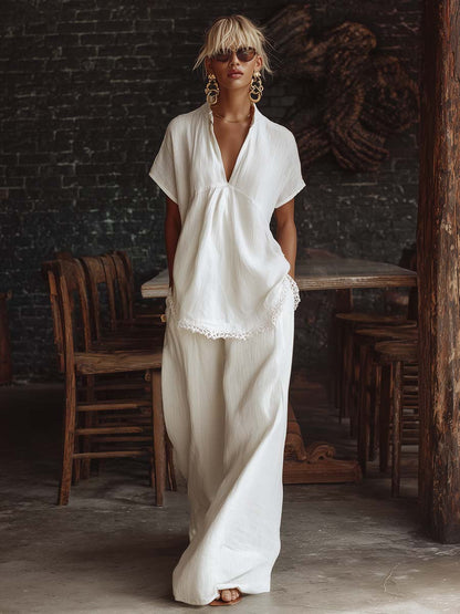 Elegant Casual Urban Style V-neck Lace Hem White Cotton Short-sleeved Top And Pants Set
