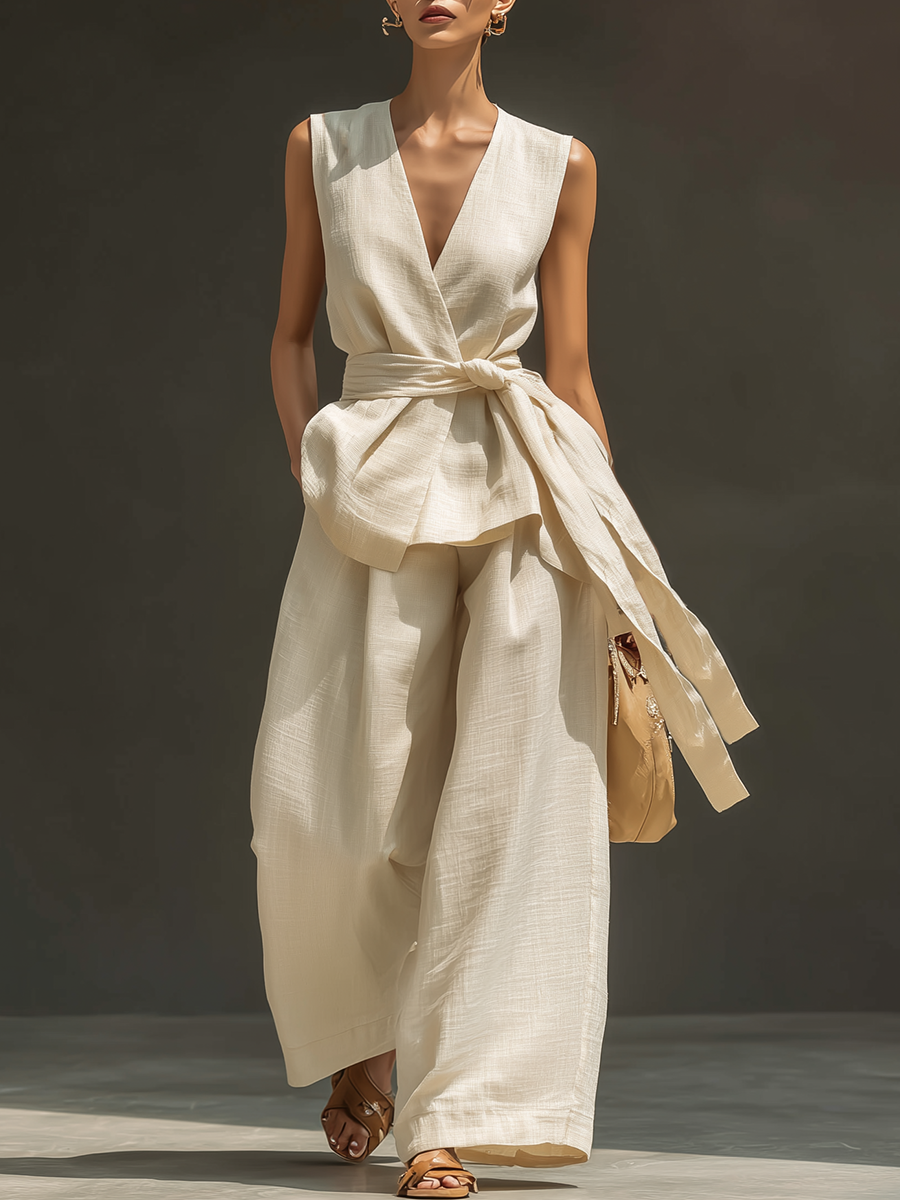 Chic Minimalist Sleeveless V-Neck Tie-Waist Top And Wide-Leg Trousers Cream Cotton Set