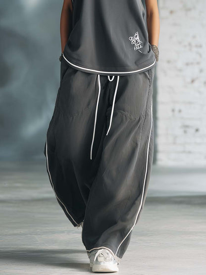 Casual Athletic Workwear Style Stand-up Collar One-shoulder Gray Cotton Top And Pants Set