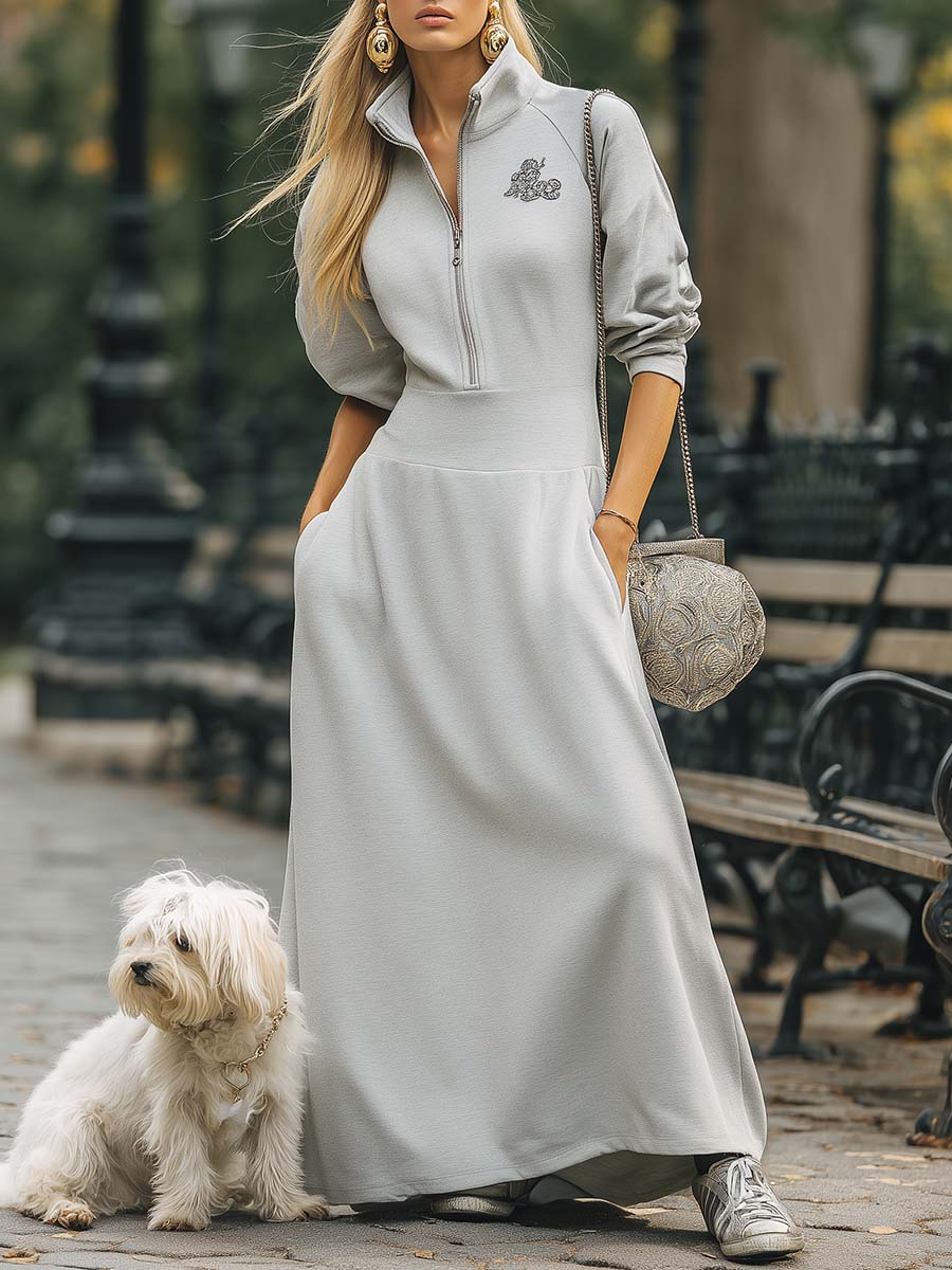 Elegant Fashion Retro Lapel Front Zipper Gray Cotton Maxi Dress