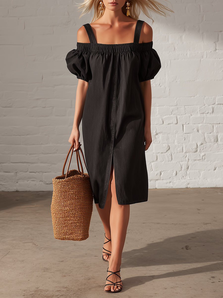 Classic Black Denim Off The Shoulder Elasticated Slit Short Sleeved Midi Dress