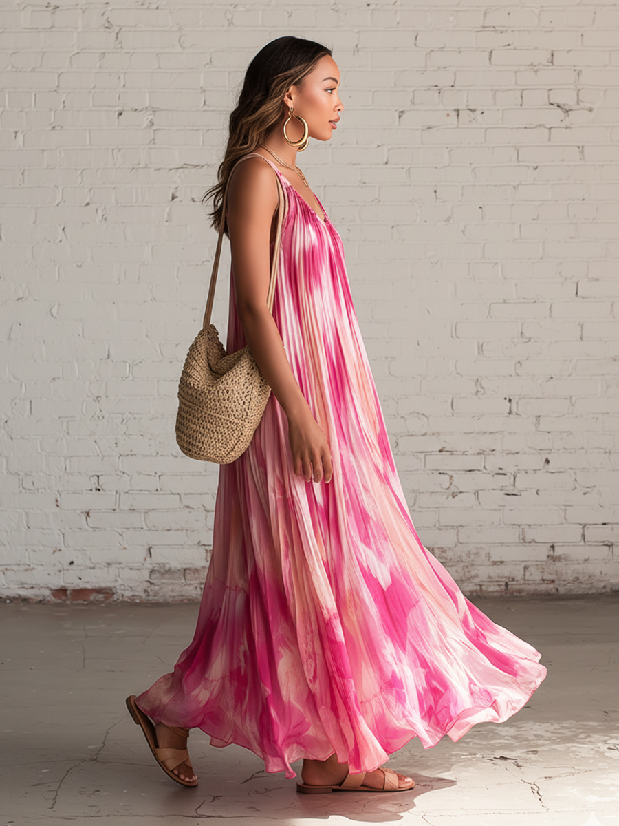 Vacation Style Pink Chiffon Printed Sleeveless Pleated Maxi Dress