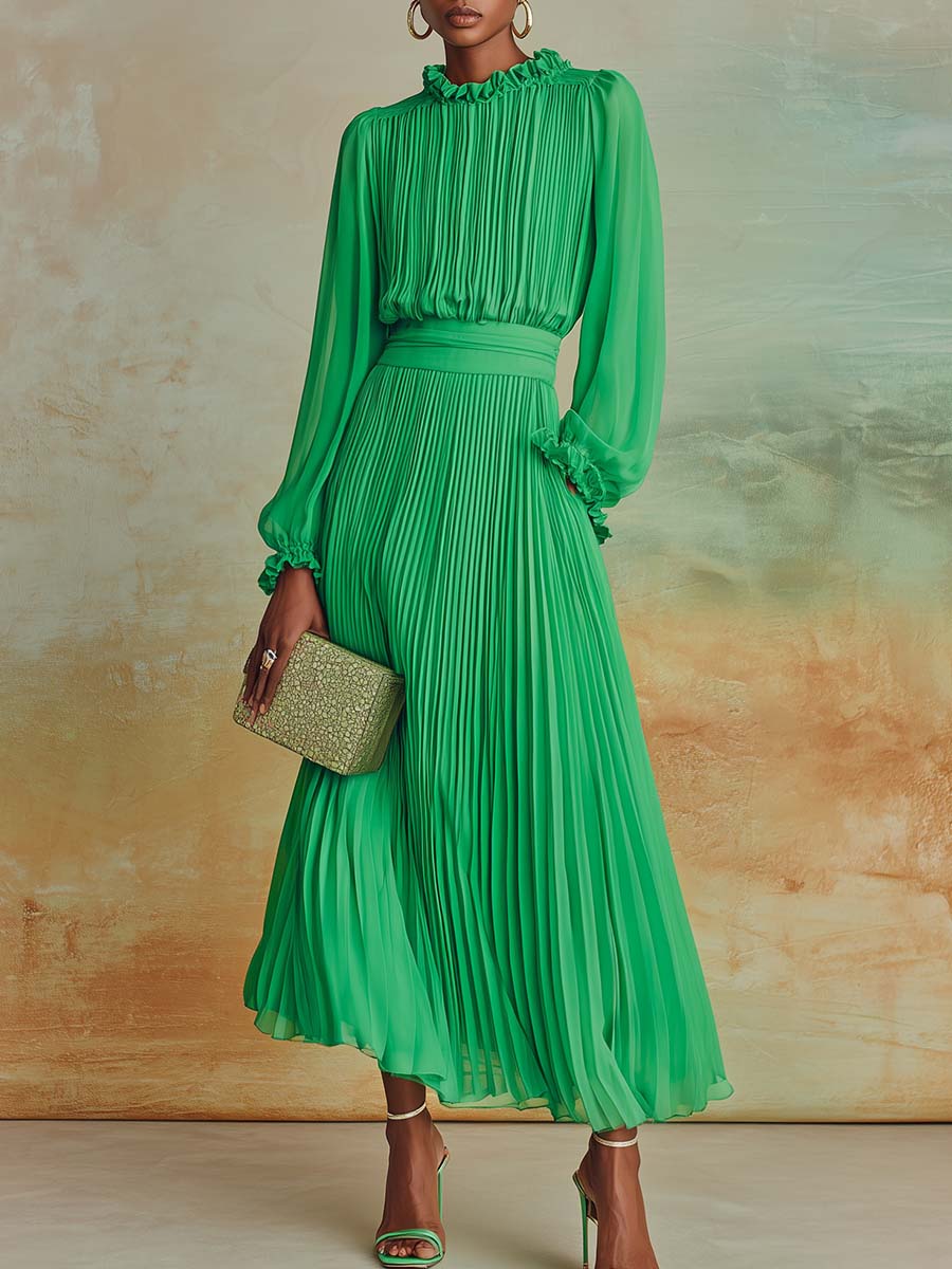 Elegant Flowing Ruffled Collar Green Pleated Chiffon Midi Dress